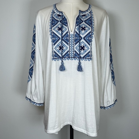 J.Jill Embroidered Knit Peasant Boho Top 3/4 Sleeves Cotton Women’s Size Medium - Picture 1 of 8